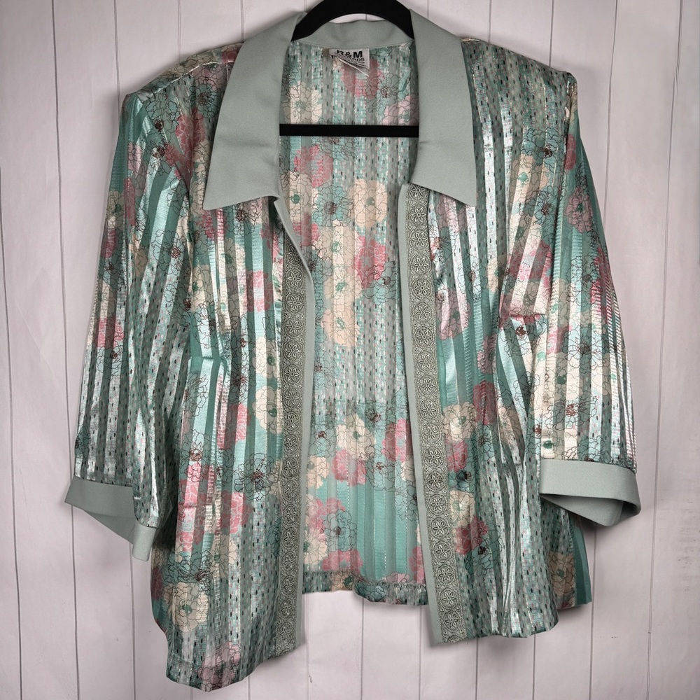 Vintage R&M Richards Green Sheer Striped Floral Jacket Dressy Office Top‎ 18WP - Picture 11 of 11